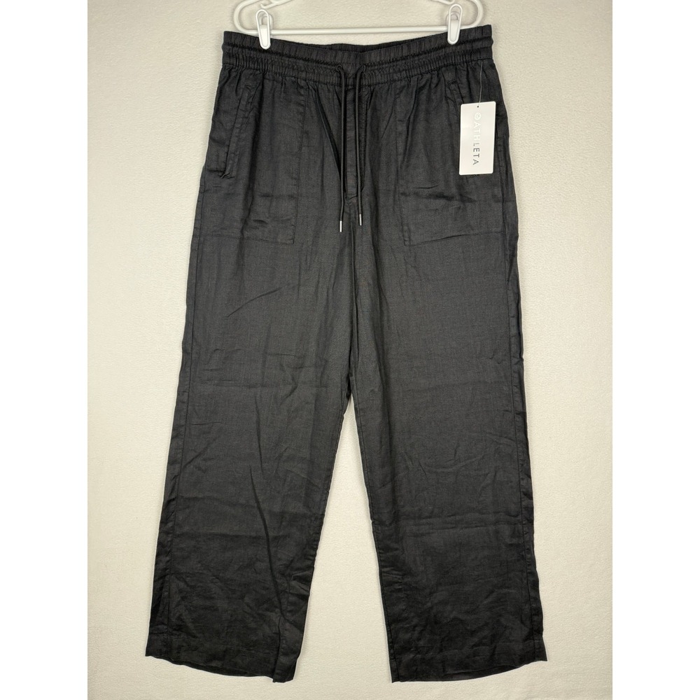 Athleta Retreat Linen Wide Leg Pant Women XL Tall Black Drawstring Side Slit NWT